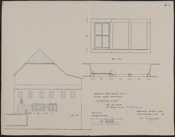 Im Zusammenhang mit dem Wiederaufbau der 1945 gesprengten Henkersbrücke erhielt das Haus tatsächlich die lange vorgesehenen Arkaden. Plan von 1948 (Stadt Schwäb. Hall, Baurechtsamt, Bauakten Neue Straße 29-33)
