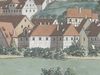 Ausschnitt aus einer Gouache von C. Gebriel mit Comburg und Steinbach zwischen 1809 und 1814.Das Traubenwirtshaus mit seinem L-förmigen Grundriss ist in der Bildmitte erkennbar (StadtA Schwäb. Hall S10/811)
