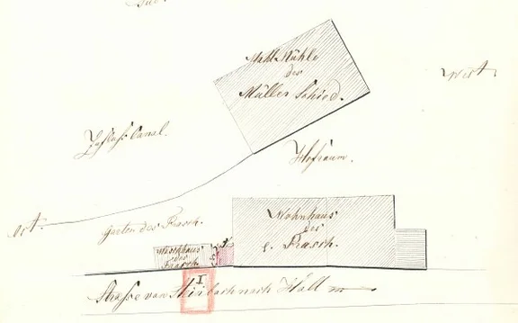 Lageplan zu Umbauten an der Fassade, 1864. Das Anwesen wird hier als „Wohnhaus des F. Rasch“ bezeichnet (StadtA Schwäb. Hall 27/0333)