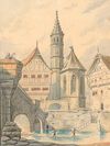 Henkersbrücke, Johanniterkirche und ehemalige Johanniterkommende vor dem Umbau der letzteren zur Ritterbrauerei nach 1810. Die Authentizität der vielleicht auf älteren Vorlagen beruhenden Zeichnung von P. Koch (1877) muss offen bleiben. (StadtA Schwäb. Hall S10/0310)