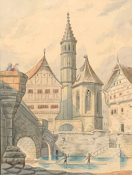 Zustand um 1810 (rechts). Die Authentizität der vielleicht auf älteren Vorlagen beruhenden Zeichnung von P. Koch (1877) muss offen bleiben (StadtA Schwäb. Hall S10/0310)