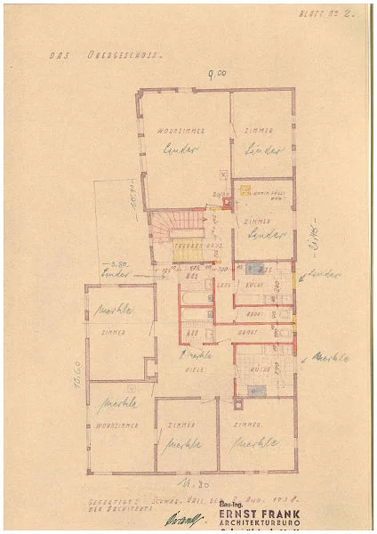 Grundriss des Obergeschosses aus dem Bauantrag zur Renovierung des „Sterns“ von 1938 (Baurechtsamt Schwäb. Hall, Bauakten Unterlimpurger Straße 61)