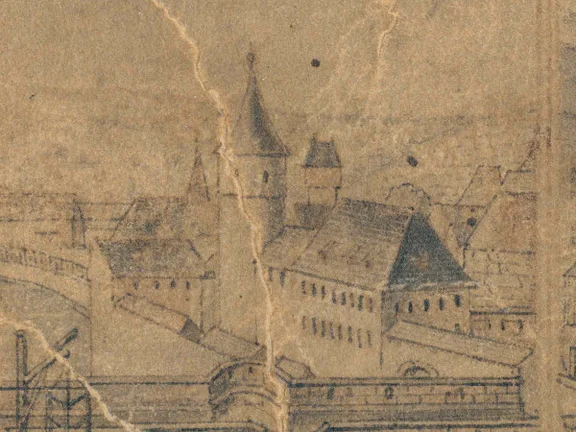 Ausschnitt aus einer Vignette zur großen Stadtansicht von Johann Conrad Körner von 1755 mit der Henkersbrücke (StadtA Schwäb. Hall S10/0791)