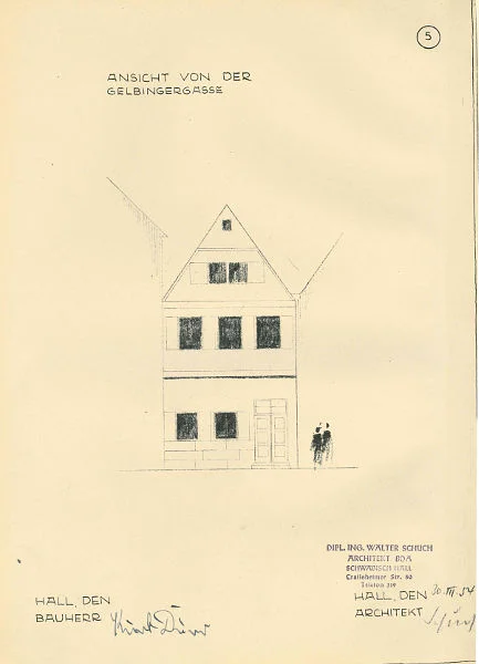 Ansicht des Giebels zur Gelbinger Gasse, zum Umbau zwecks Einrichtung eines Ladens, alter Bauzustand, 1954 (Baurechtsamt Schwäb. Hall, Bauakten)