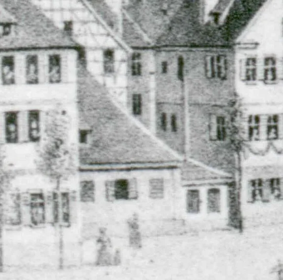 Ausschnitt aus einer Darstellung der Fahnenweihe der Schwäbisch Haller Bürgerwehr auf dem Haalplatz am 10. Juni 1849, Lithografie von W. Haaf (StadtA SHA FS 26933)