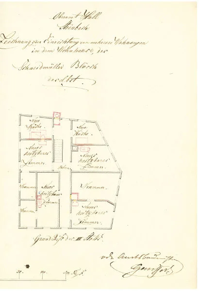 Grundriss des III. Stocks von 1864, für Umbauten am Wohnhaus der Bachmühle (StadtA Schwäb. Hall 27/550)
