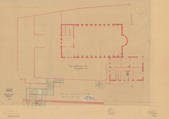 Erdgeschoss-Grundriss zum Neubau der Neuapostolischen Kirche, 1928 (StadtA SHA 27/0020)