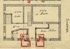 Grundriss des Unter- bzw. Kellergeschosses („Souterrain“)  zum Anbau eines Aborterkers auf der Hausrückseite, 1911. Rot eingezeichnet sind die Abortgruben. (StadtA Schwäb. Hall 27/0454)