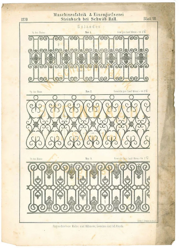 Fragment eines Produktkatalogs der Firma Waelde, Kade & Erath von 1870: „Blatt VII“ zeigt gusseiserne Geländer (StadtA Schwäb. Hall R116/7)