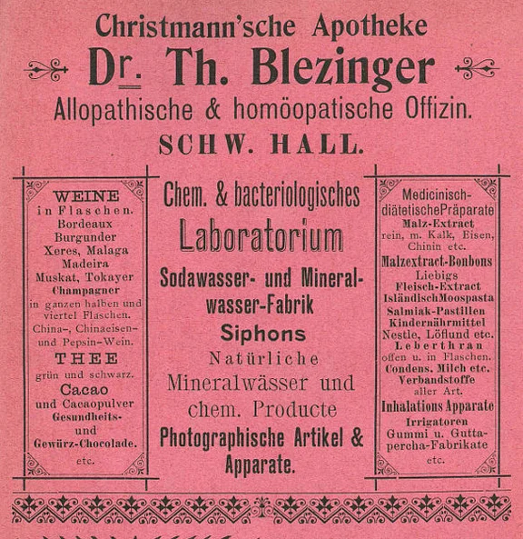 Anzeige der Mohrenapotheke von 1901, aus: W. Burkhardt (Bearb.): Adreß- und Geschäfts-Handbuch der Oberamtsstadt Schwäbisch Hall, Schwäbisch Hall 1901, Inseratenanhang, S. 17 (StadtA Schwäb. Hall Bibl. 2947)