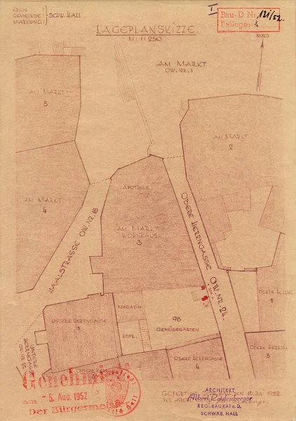 Lageplan zum Bau eines Gartenportals, 1952 (Baurechtsamt Schwäb. Hall, Bauakten)