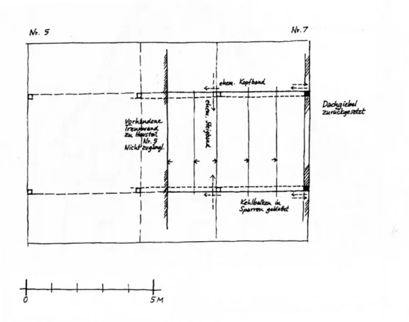Skizze des Dachgeschosses mit erfasstem Altbestand, 1998. Plan: Albrecht Bedal (StadtA Schwäb. Hall DIG 11551)