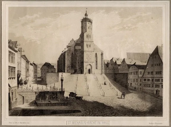St. Michael, Lithographie nach Vorlage von Gustav Herdtle, um 1860  (StadtA Schwäb. Hall S10/2344)