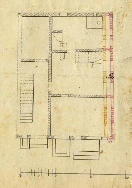 Grundriss des Erdgeschosses für die geplante Erweiterung durch Werkmeister Lorenz Holch, 1862 (StadtA SHA  19/1068, S. 768)