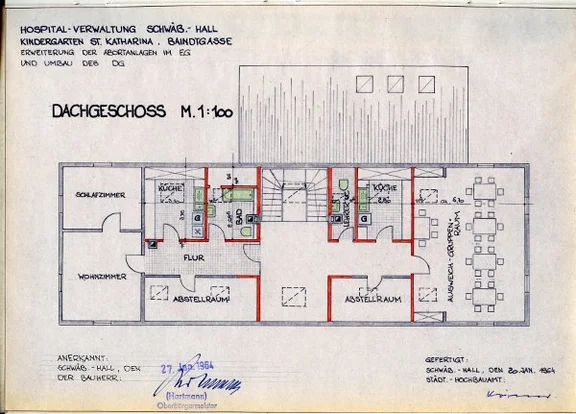 Plan zu Umbauten im Dachgeschoss, 1964 (StadtA SHA 27/0112)