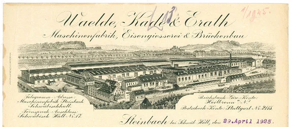 Briefkopf von 1925 mit einer (etwas idealisierten) Gesamtansicht des Firmengeländes (Baurechtsamt Schwäb. Hall, Bauakten Mühlweg 3a)