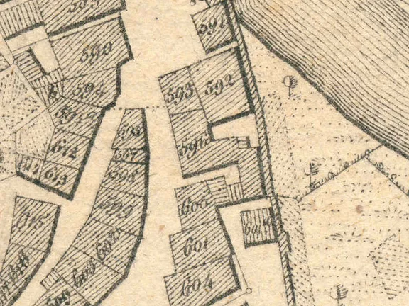 Ausschnitt aus dem Primärkataster von 1827. Das Haus hat die Nummer „596“ (StadtA Schwäb. Hall S13/0583)