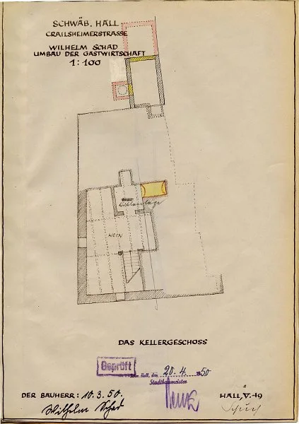 Keller-Grundriss zum Umbau des Haupthauses und Anbau eines „Pissoirgebäudes“, 1950 (StadtA SHA 21/0456)