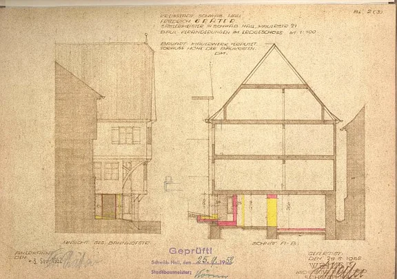 Seitenansicht und Schnitt zu Umbauten im EG von 1952 (Baurechtsamt Schwäb. Hall, Bauakten)