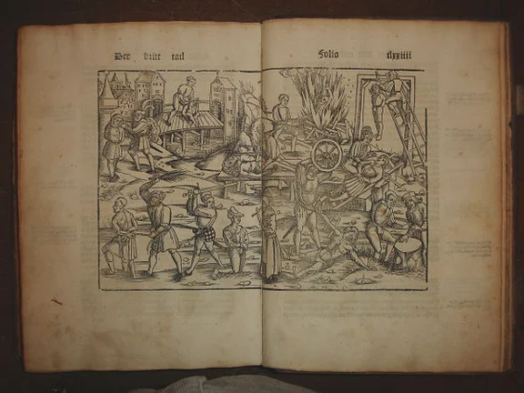 Holzschnitt aus einem Druck des „Layenspiegels“ von Ulrich Tengler aus dem Jahr 1513  in der Ratsbibliothek, März 2007. Foto: Daniel Stihler (StadtA Schwäb. Hall DIG 00320)