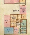 Grundriss des 3. Stocks in einem Teilungsplan der Hausbesitzer Maler Föll (rot), Christian Kautter (blau), Schuhmacher Däuber (gelb), Witwe Engel (grün) und Käsehändler Christian Philipp (braun), 1867. Gemeinschaftlicher Besitz ist weiß (StadtA SHA  19/1064 Beil. 1)