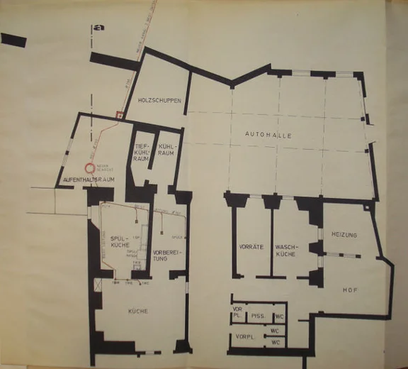 Grundriss des Hinterhauses und des rückseitigen Anbaus, hier als „Autohalle“ bezeichnet, 1986 (Baurechtsamt Schwäb. Hall, Bauakten Am Markt 11)