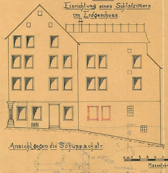 Einbau eines Schlafzimmers im Erdgeschoss, Ansicht der Fassade von 1904 (Baurechtsamt SHA, Bauakten Am Markt 13)