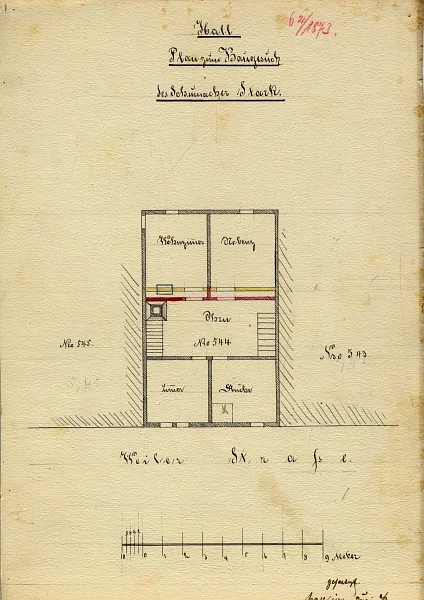 Im Zusammenhang mit Umbauplänen entstandener Grundriss des Obergeschosses, 1873 (StadtA SHA FS 27/0447)