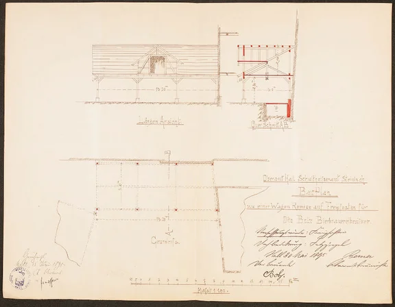Grundriss, Schnittzeichnung und Ansicht der Wagenremise von 1895 (Stadt Schwäb. Hall, Baurechtsamt, Bauakten Neustetterstraße 20)