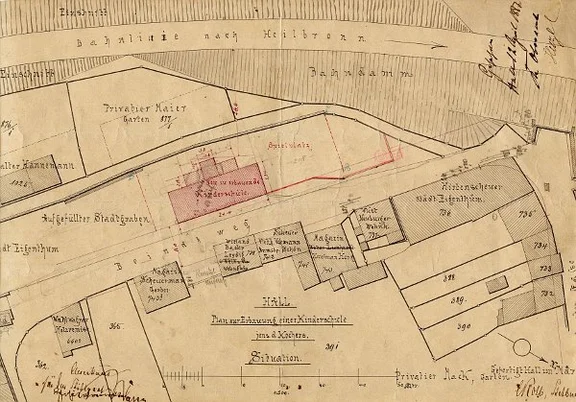 Lageplan für den Neubau der „Kinderschule“ von Stadtbaumeister Christoph Kolb, 1887 (StadtA SHA 27/0112)