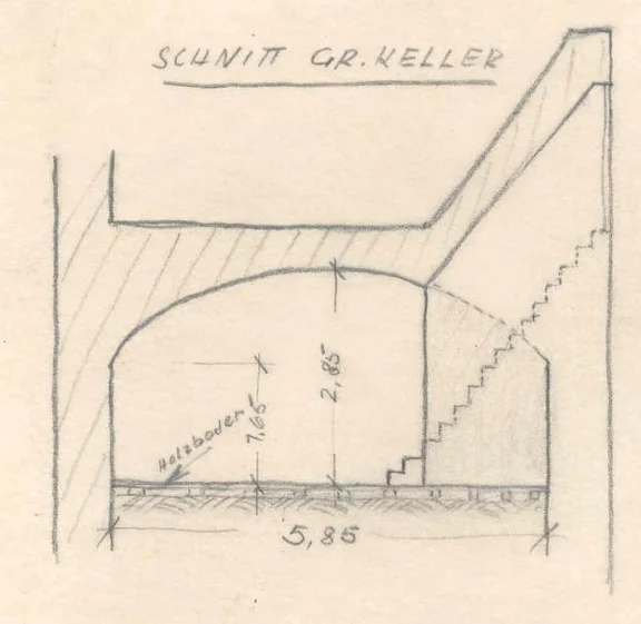 Schnitt durch den großen Keller unter dem Wohnhaus, 1955 (StadtA Schwäb. Hall 27/0316)