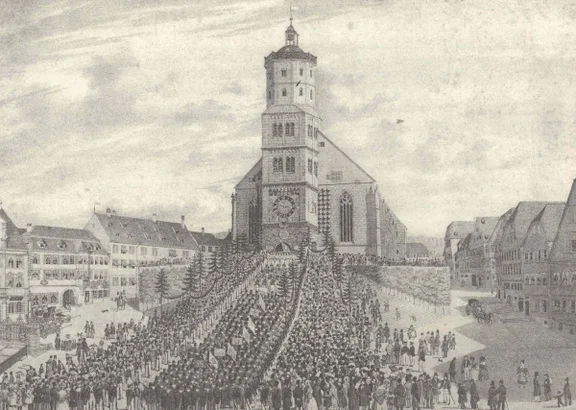Liederfest am 4. Juni 1838. Lithographie von W. Haaf nach Vorlage von F. Bonhöfer. Aus: K. Ulshöfer: Schwäbisch Hall. Bilder einer alten Stadt, Schwäbisch Hall 1971, S. 80