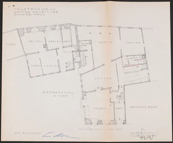 Plan des Erdgeschosses zu kleineren Umbauten von 1973. In Nr. 7 befindet sich nach wie vor der „Laden“, in Nr. 7 die Gastronomie (StadtA Schwäb. Hall 27/0569)
