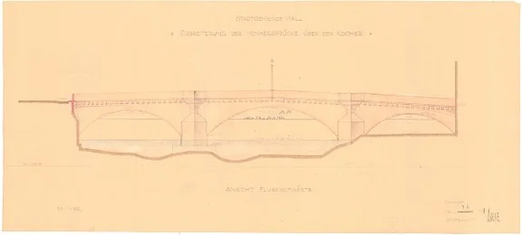 Nicht umgesetzter Entwurf für eine verbreiterte Brücke, 1929 (StadtA Schwäb. Hall 21/1831, Bl. 6a)