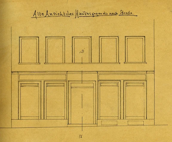 Skizze des alten Zustands der Fassade für den geplanten Einbau einer neuen Schaufensterfront im Erdgeschoss, 1885 (Stadt Schwäb. Hall, Baurechtsamt, Bauakten)
