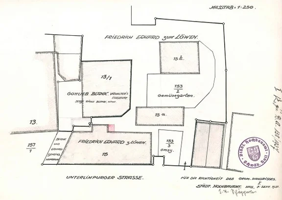Lageplan zur Anlage eines Abortanbaus auf der Hausrückseite, 1937 (StadtA Schwäb. Hall 27/367)