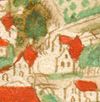 Ausschnitt aus einer kolorierten Federzeichnung von Unterlimpurg in einer Haller Chronik, um 1600. Das Hauptgebäude der Wirtschaft ist in der rechten Bildmitte erkennbar, quer dahinter wahrscheinlich das Brauereigebäude (StadtA Schwäb. Hall 4/4. Bl. 10)