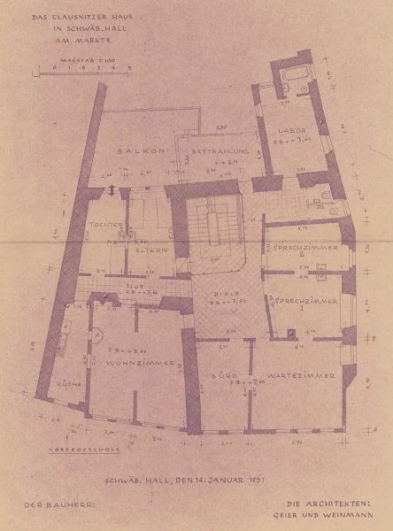 Grundriss des I. Stocks, in dem sich damals eine Arztpraxis befand, 1951 (Baurechtsamt Schwäbisch Hall, Bauakten Am Markt 2)