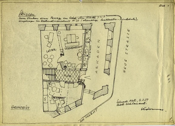 Grundriss zum Einbau der Passage durch das Erd-/Untergeschoss des Hauses und den Büros für Verkehrsbüro und Freilichtspiele-Intendantur, 1957 (Baurechtsamt Schwäb. Hall, Bauakten)