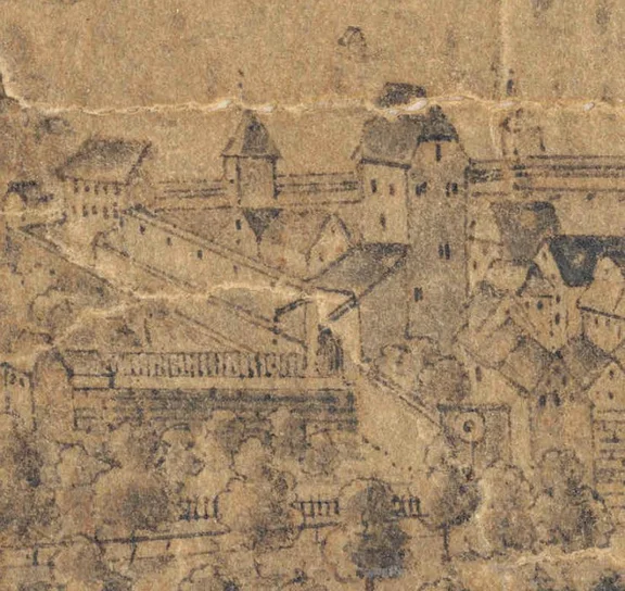 Ausschnitt aus der Vignette des Unterwöhrds zur Stadtansicht von Johann Conrad Körner, 1755 (StadtA SHA S10/791).