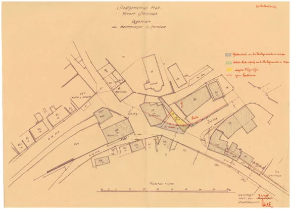 Lageplan zu Planungen zur Verbreiterung der unteren Hessentaler Straße zwischen Kocherbrücke und katholischem Pfarrhaus. Damals wurde nur ein Nebengebäude abgerissen, das Haupthaus ist jedoch deutlich als Verkehrshindernis gekennzeichnet (StadtA Schwäb. Hall 27/550)