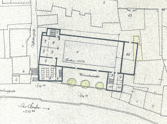 Grundriss eines an Stelle des Brenzhauses zu bauenden Hallenbads. Plan von Eduard Krüger, 1942 (StadtA S22/0436)