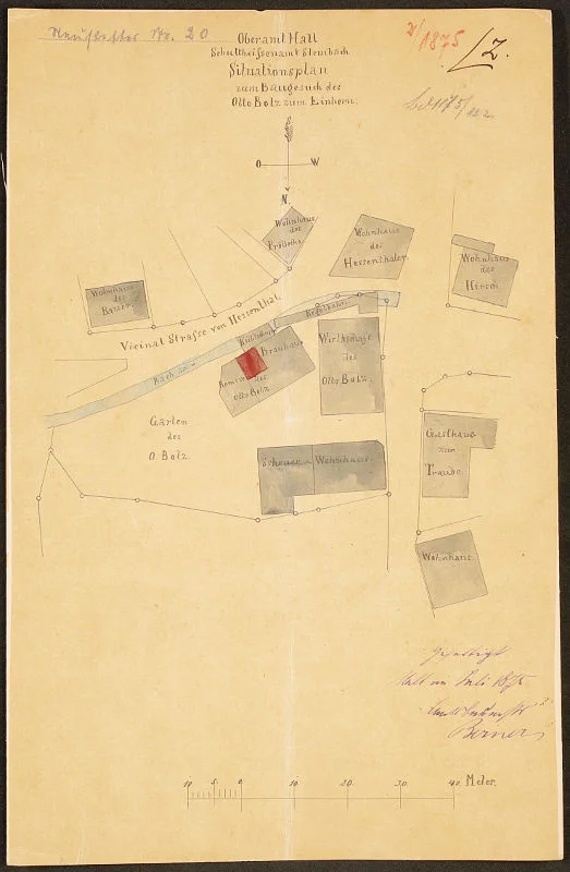 Lageplan zum Einbau einer doppelten Malzdarre im Brauereigebäude durch Otto Bolz, 1875 (Stadt Schwäb. Hall, Baurechtsamt, Bauakten Neustetterstraße 20)