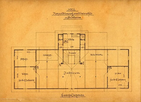 Grundriss des Obergeschosses aus den Bauplänen von Stadtbaumeister Christoph Kolb, 1887. Hier befanden sich eine Zweizimmerwohnung für die Leiterin (links) und eine Kammer für die „Hilfslehrerin“ (rechts) (StadtA SHA H02/4469)