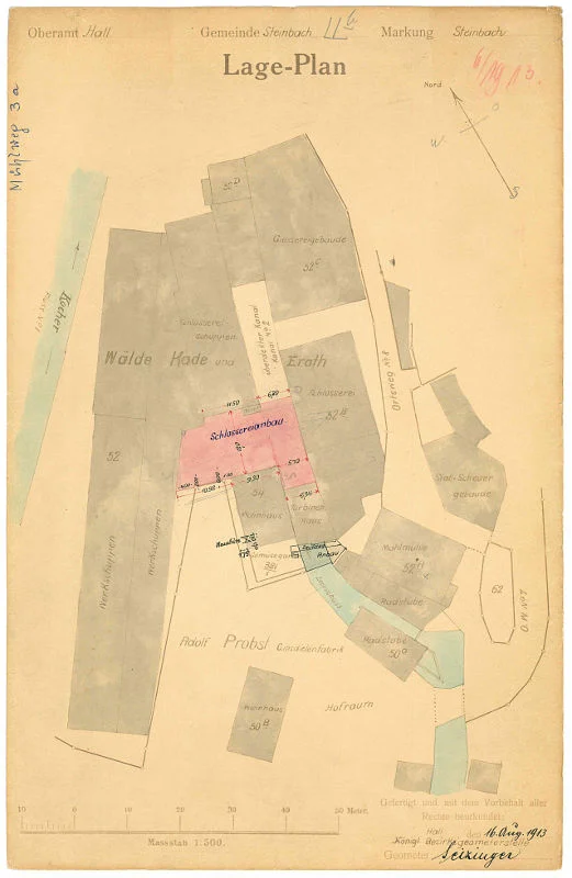 1913 Erstellte man einen „Schlosserei-Anbau“, der teilweise den Mühlkanal überdeckte (Baurechtsamt Schwäb. Hall, Bauakten Mühlweg 3a)