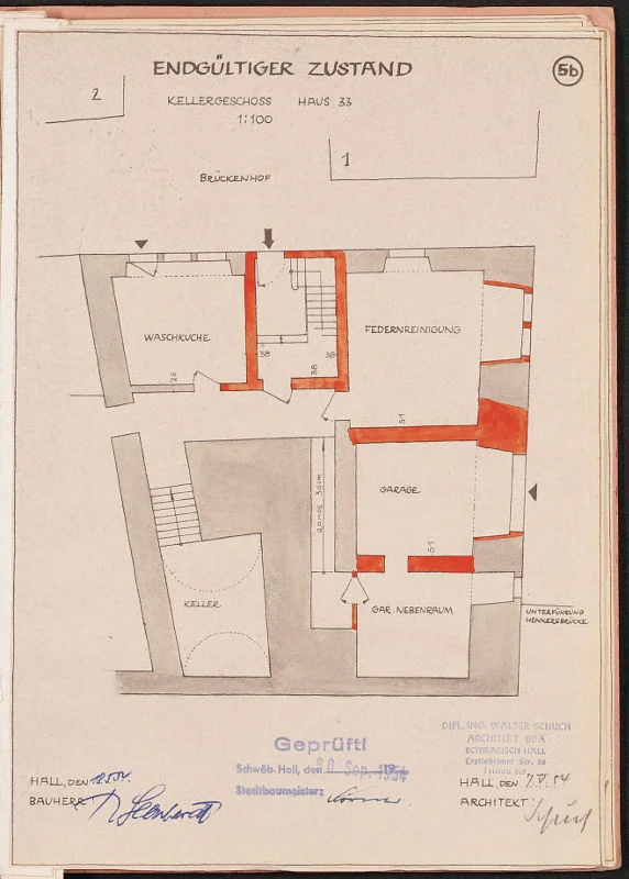Umbau von 1954/55. Unter- bzw. Kellergeschoss nach dem Umbau (Stadt Schwäb. Hall, Baurechtsamt, Bauakten Neue Straße 29-33)