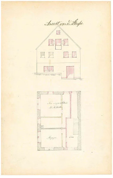 Ansicht der Giebelseite und Grundriss zum Einbau einer Drehereiwerkstatt im Erdgeschoss des Hauses, 1870 (StadtA Schwäb. Hall 27/506)