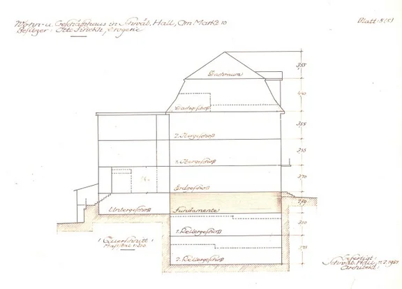 Umbauplanungen von 1967, Querschnitt durch das Gebäude (Stadt Schwäbisch Hall, Baurechtsamt, Bauakten Am Markt 10)