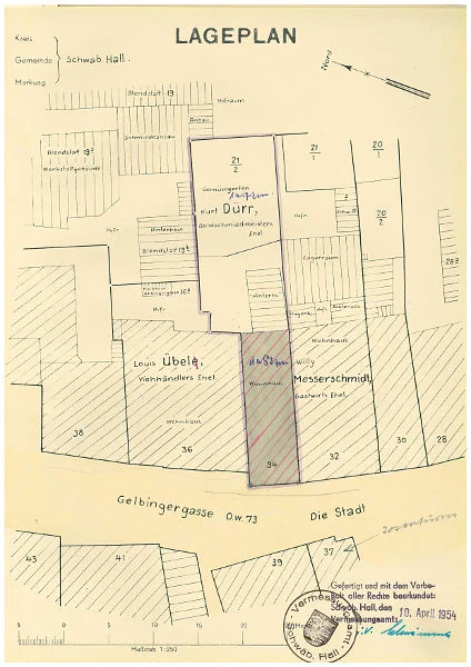 Lageplan zum Umbau des Erdgeschosses zwecks Einrichtung eines Ladens, 1954 (Baurechtsamt Schwäb. Hall, Bauakten)