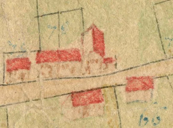 Ausschnitt aus der Flurkarte von Unterlimpurg, 1703.  Die spätere Nr. 3 ist offenbar identisch mit dem zweiten Haus von rechts in der oberen Reihe (StadtA SHA 16/0021)